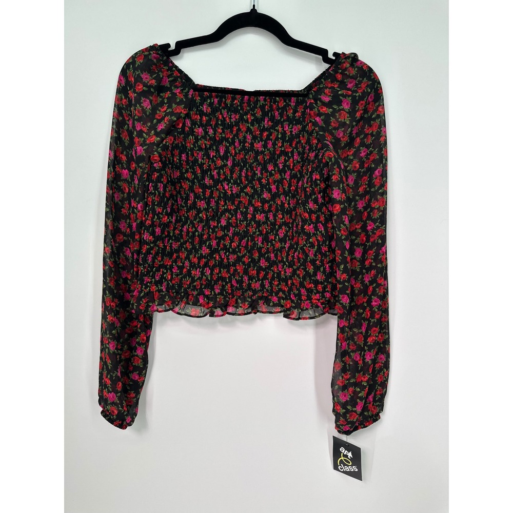 Art Class Girls Floral Smocked Long Sleeve Crop Top Black Pink XXL 16/18 NWT